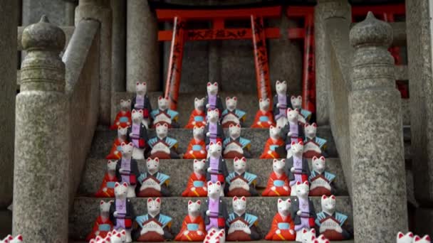 有名な神社で幸運キツネの数百人の小さな像 伏見稲荷大社の小さな寺院で美しい日本のお守り 日本の聖域における狐の信仰 Dan — ストック動画
