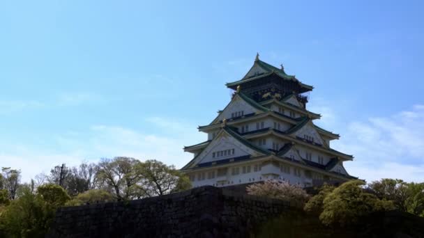 Torre Principal Del Castillo Japonés Osaka Detrás Pared Roca Monumentos — Vídeo de stock