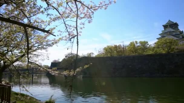 Torre Principal Castelo Japonês Osaka Atrás Parede Rocha Fosso Marcos — Vídeo de Stock