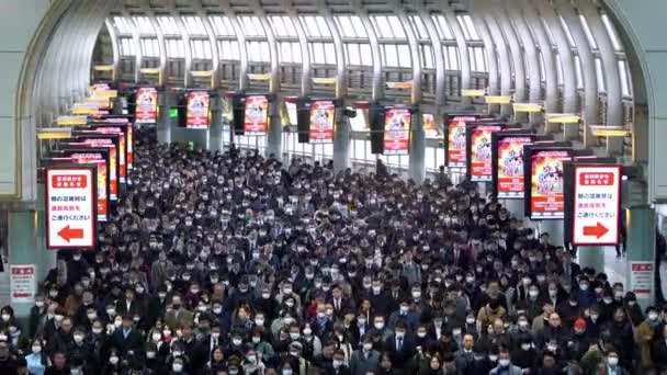 日本东京 2020年2月4日 城市地铁站工作日上午交通拥挤人群的空中景观 一大早地铁里挤满了日本人 日本旅客步行 — 图库视频影像