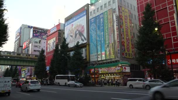 日本东京 2017年9月30日 东京秋叶原地区的4K著名街道 以日本的电子和动漫商店而闻名 亚洲人在日本商店购物 从后台经过的火车 — 图库视频影像