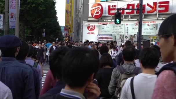 日本东京 2017年9月30日 4K人群穿过东京秋叶原地区的街道 该地区以日本的电子和动漫商店闻名 亚洲人行横道 日本购物 — 图库视频影像