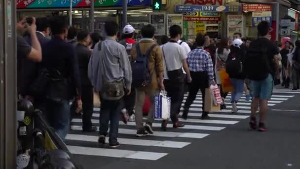 日本东京 2017年9月30日 4K人群穿过东京秋叶原地区的街道 该地区以日本的电子和动漫商店闻名 亚洲人行横道 日本购物 — 图库视频影像