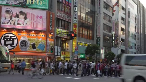 日本东京 2017年9月30日 4K人群穿过东京秋叶原地区的街道 该地区以日本的电子和动漫商店闻名 亚洲人行横道 日本购物 — 图库视频影像