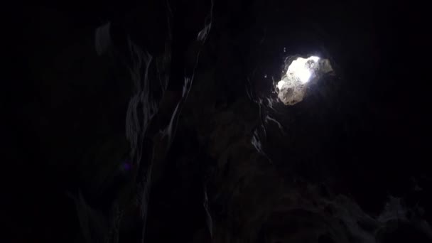 マレーシアの美しい自然の石灰岩の洞窟の中に太陽の光線で飛ぶコウモリ狩り 小さなコウモリは Batu洞窟の丘ダンに位置する暗い洞窟の穴を通って日当たりの良いビームライトで飛ぶ — ストック動画