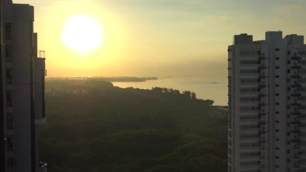 シンガポール ダンの夕日と高層ビルが見える東海岸公園の4K空中ビュー — ストック動画