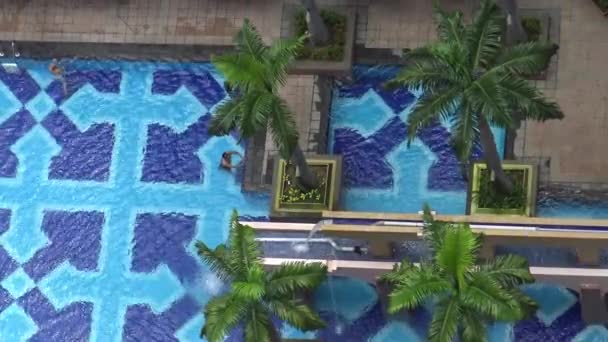 리조트 댄에서 여름의 무더운 손바닥을 수영장에 남성을 공중에서 수있다 — 비디오