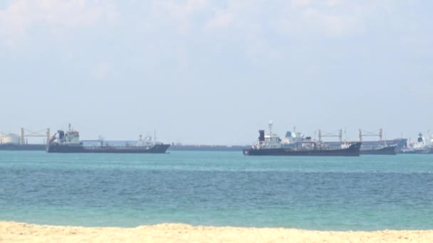 Singapura Abril 2015 Praia Com Fundo Navios Carga Contêineres Navegando — Vídeo de Stock