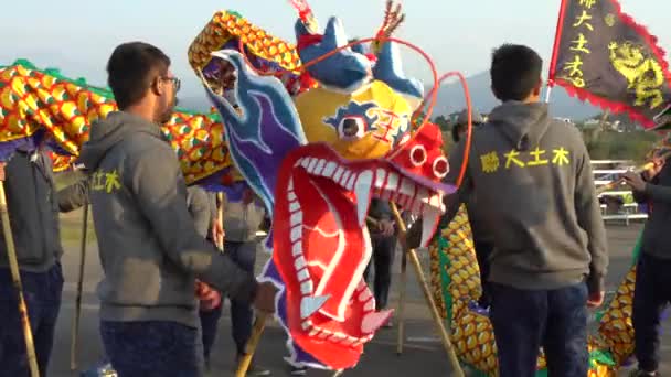 2017年2月11日 4K中国の旧正月のお祝いの間 台湾の伝統である苗栗客家ランタンフェスティバルドラゴン爆撃 ドラゴンチームが富と栄光のために踊るダン — ストック動画