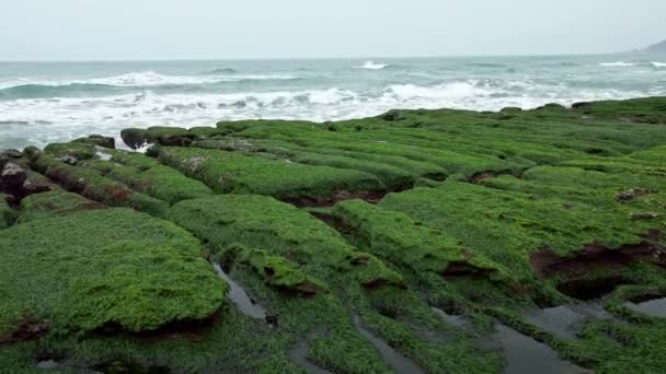 Laomei Green Reef New Taipei City Zeegolven Breken Aan Kust — Stockvideo