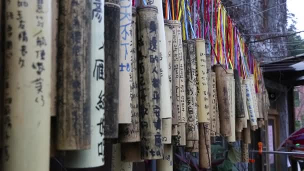 Ludzie Napisali Życzenie Bambus Umieścić Drzewie Szczęście Być Szczęśliwym Tajwanu — Wideo stockowe