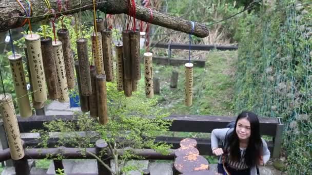 Азійська Молода Жінка Дивиться Бамбук Люди Писали Бажання Поклали Дерево — стокове відео