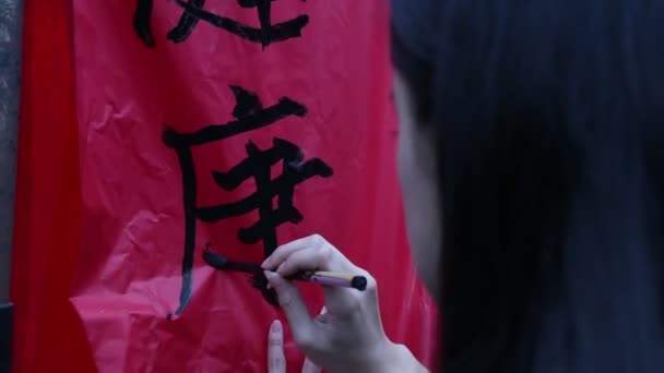 Mujer Asiática Escribiendo Palabras Chinas Las Linternas Tradicionales Durante Festival — Vídeos de Stock