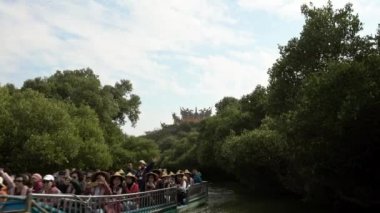 Tainan, Tayvan-23 Ocak 2019: 4K, Turistler mangrov ağaçlarının altındaki yeşil tünelin tadını çıkarıyorlar. Taijiang Ulusal Parkı, Tainan, Tayvan-Dan Sihcao Vahşi Yaşam Koruma Alanı 'nda güzel bir yeşillik.