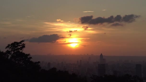 台北高耸的风景建筑景观 夕阳西下 台湾的城市景观背景 市中心美丽的日落和橙色的天空 还有高大的建筑物 — 图库视频影像
