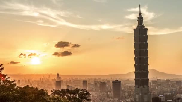 Hyperlapse Des Landschaftshauses Taipei 101 Mit Sonnenuntergang Zeitraffer Eines Wolkenkratzers — Stockvideo