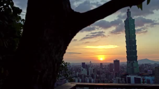 Aerial Pohled Západ Slunce Krajiny Budovy Taipei 101 Elephant Mountain — Stock video