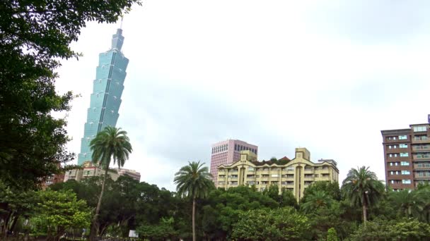 Cityscape Tower Taipei 101台北市内で最も高いビル太陽中山記念館の緑の木々とヤシの木が暗い日の雨の中で — ストック動画