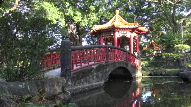 Piękny Krajobraz Chiński Pawilon Mostem Stawem Jednym Parku Taipei City — Wideo stockowe