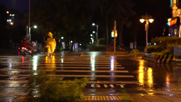 Pedestrian Man Yellow Oilskin Jacket Struggling Cross Street Typhoon Nesat — Stock Video