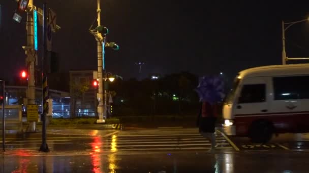 Taipei Taiwan Juli 2017 Voetgangers Met Paraplu Worstelen Straat Steken — Stockvideo