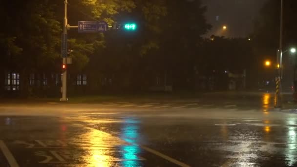 Vento Chuva Extremos Durante Tufão Nesat Noite Uma Cidade Rua — Vídeo de Stock