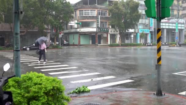 2016年9月27日台湾 台風21号 アジア名 による4キロの風と雨アジアの人々は道路を横断し 強い風が吹く台北の街を横断する傘を使用しました — ストック動画