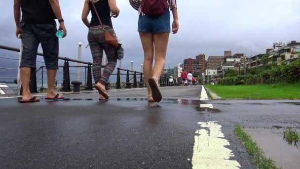 2015年5月24日 4K観光客の風景穏やかな曇りの中 淡水河岸公園の道を歩く人々 — ストック動画
