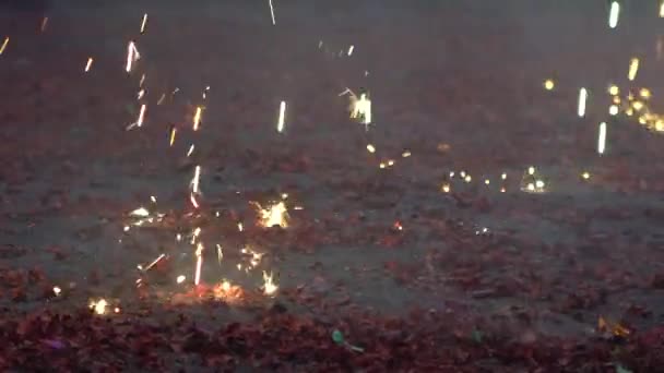 Slow Motion Procession Taiwanese Traditional Red Firecrackers Explode Front Temple — Stock Video