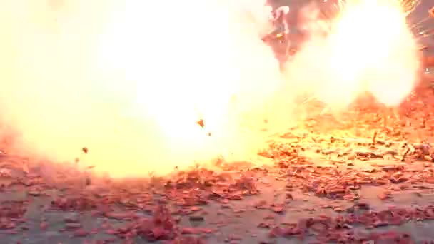 Slow Motion Procession Taiwanese Traditional Red Firecrackers Explode Front Temple — Stock Video