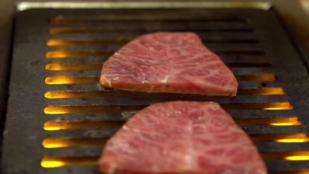 소고기의 움직임은 수키야 바베큐 요리에 사용되었다 Yakiniku 일본의 고기굽는 스타일이다 — 비디오