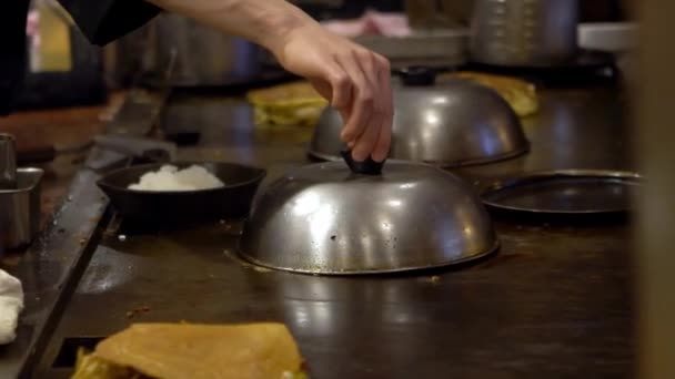 フライパンで揚げたガティー 鉄板で揚げ餃子を作るプロのシェフ 日本のおいしい食べ物 男はレストランで料理をし 伝統的なキッチンダンで働いています — ストック動画