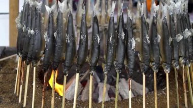 Çubuklardaki kömürlerin yanında yavaş hareket eden ızgara balıklar. Tedarikçi market sokağında ünlü bir yemek pişiriyor. Meşhur ve geleneksel Japon usulü kömür mangalında mangal kömürü pişirdim. - Dan.