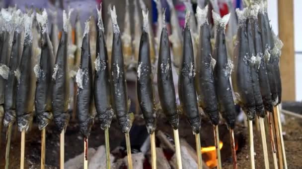 Movimiento Lento Pescado Parrilla Junto Carbones Palos Vendedor Cocinando Una — Vídeos de Stock