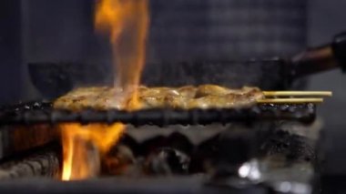 Tavuk şiş, sonra ızgara. Yakitori, İzakaya restoranında popüler bir Japon yemeğidir. Japon şişi yemek parçalarını bir arada tutmak için kullanılan bir tahta çubuktur.