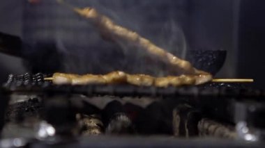 Tokyo 'daki İzakaya Japon barında domuz pişirirken ağır çekimde. Geleneksel et şişleri mangalda kızartılıyor. Japonya 'daki sokak yemekleri satıcısı.