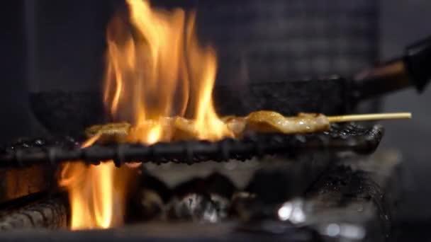 東京の居酒屋内でのシェフ料理のスローモーション 炭火焼の伝統的な肉串焼き 日本の屋台市場 Dan — ストック動画