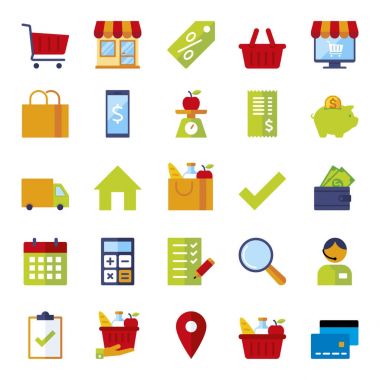Mağazaları ve süpermarketler, düz simgeler renkler için simge kümesi