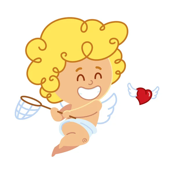 Illustrazione Vettoriale Cupido Sta Inseguendo Cuore Con Ali — Vettoriale Stock