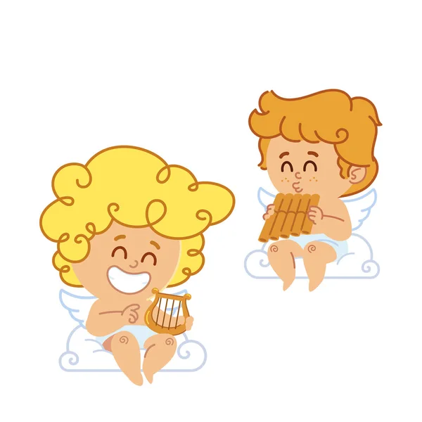 Ilustración Vectorial Dos Pequeños Cupidos Tocando Instrumentos Musicales — Vector de stock