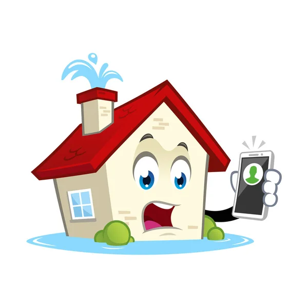 Personaje Divertido Casa Con Fugas Agua Estilo Dibujos Animados — Vector de stock