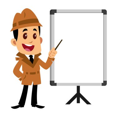 Vektör çizim bir dedektif adam, o boş bir beyaz tahta işaret ediyor