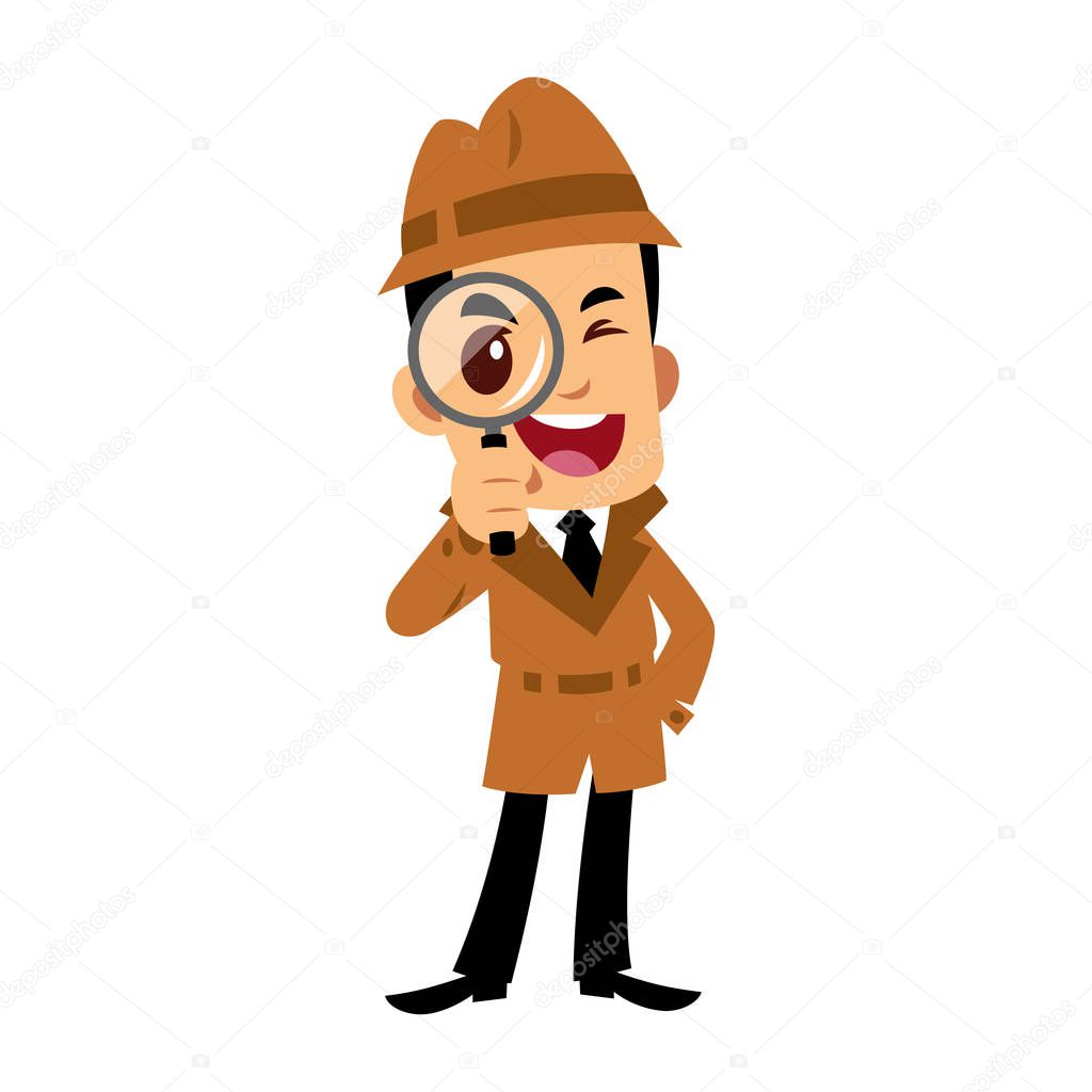 Vector drawing of a detective man, he is looking through a magnifying glass