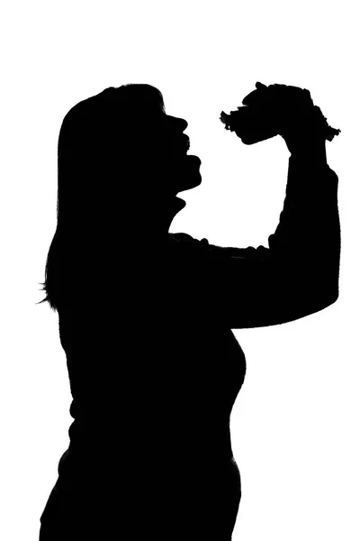 Silhouet van de vrouw bijten hamburger — Stockfoto