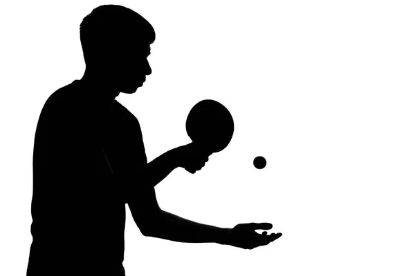 一个年轻的运动员正准备打一个乒乓球从孤立的白色背景上的手的剪影 — 图库照片