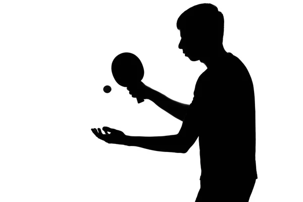 Silhouette d'un jeune homme se préparant pour un tournoi de ping-pong sur fond blanc isolé — Photo