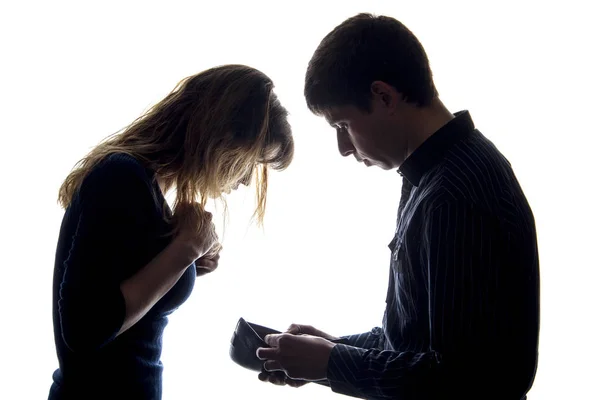 Wife looks into her husband's purse, but there is empty — Stock Photo, Image