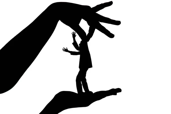 Silhouette female holding male by fingers behind the scruff as a puppet on white isolated background — Stock Photo, Image