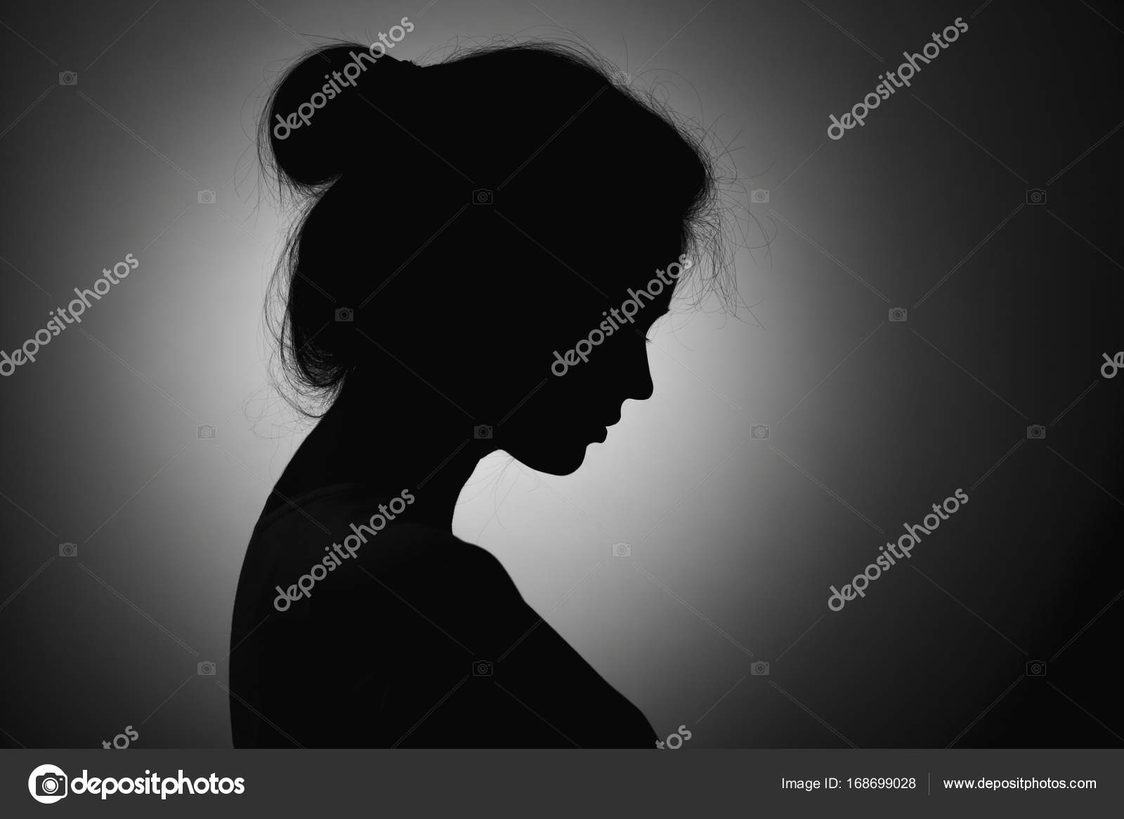 Sad Woman Profile Silhouette On Black Stock Photo 1356111533