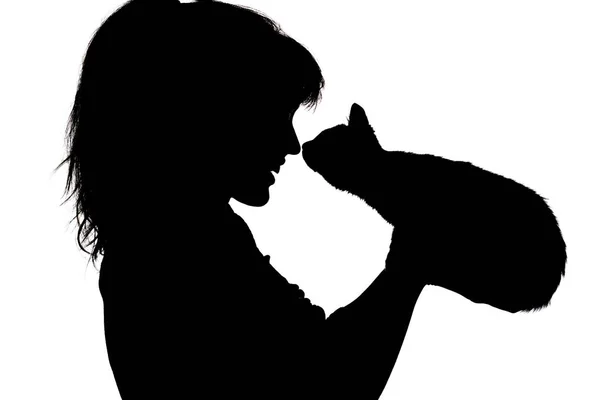 Silhouette Porträt eines glücklichen Mädchens Gesicht, das Nase an Nase mit einem kleinen Kätzchen in ihren Armen, das Konzept der Pflege von Tieren, Lieblingstiere — Stockfoto